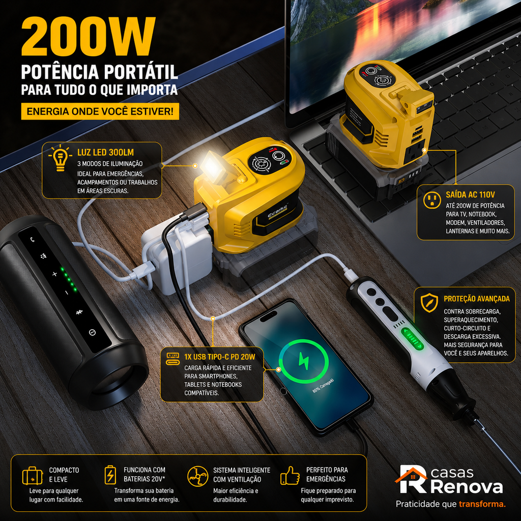 Inversor de Energia 200W para Eletrodomésticos – USB, Tipo-C e Luz LED