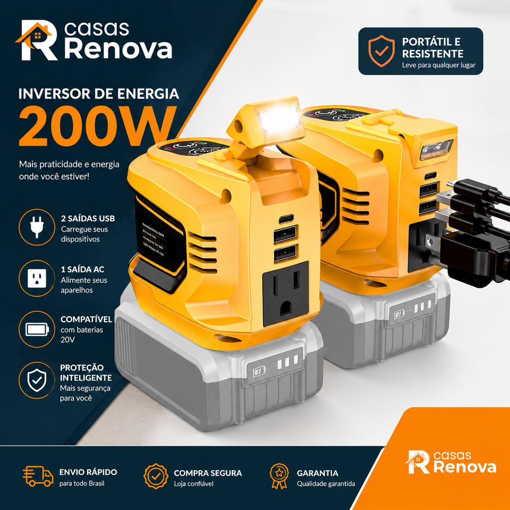 Inversor de Energia 200W para Eletrodomésticos – USB, Tipo-C e Luz LED